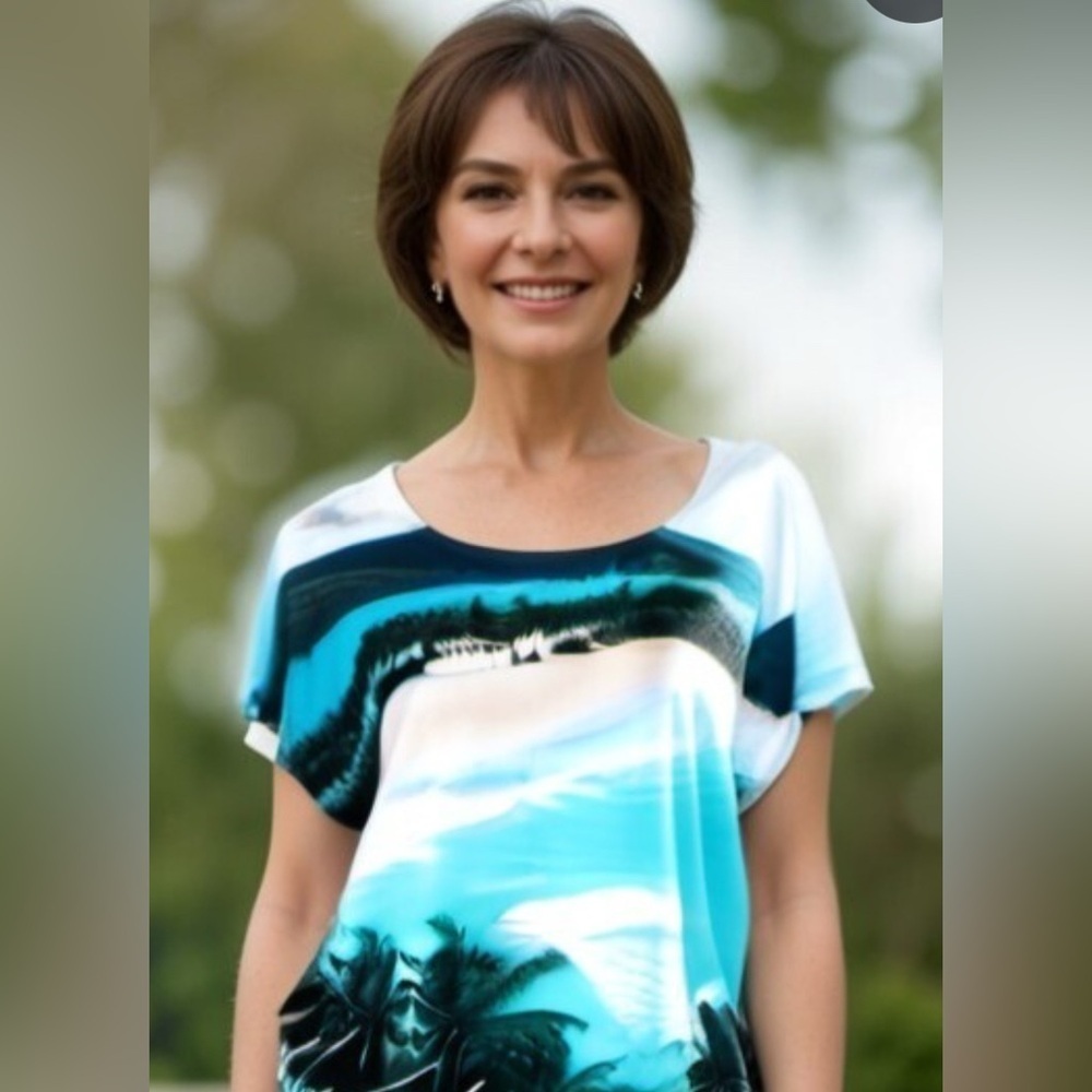 Chico's White and Blue Graphic T-Shirt